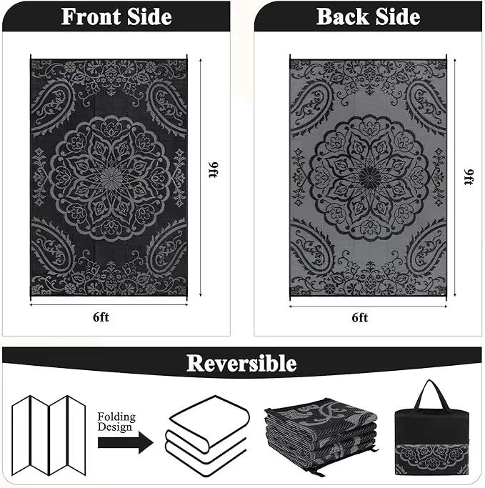 Pauwer Waterproof Outdoor Rug 6x9, Reversible Plastic Straw Patio Camping Rug, Indoor Outdoor RV Mat Carpet for Deck, Camper, Porch, Balcony, Backyard, Picnic, Boho Black Grey by GreenHaven Gardens