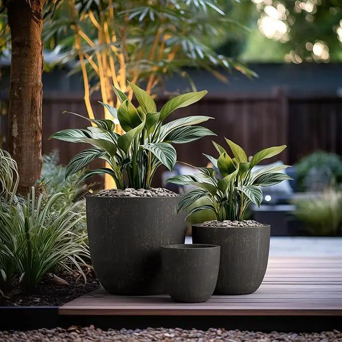 Kante 18",14",10" Dia Concrete Round Planters (Set of 3), Outdoor Indoor Large Planter Pots with Drainage Hole and Rubber Plug for Home Patio Garden, Oil Rubbed Bronze by GreenHaven Gardens