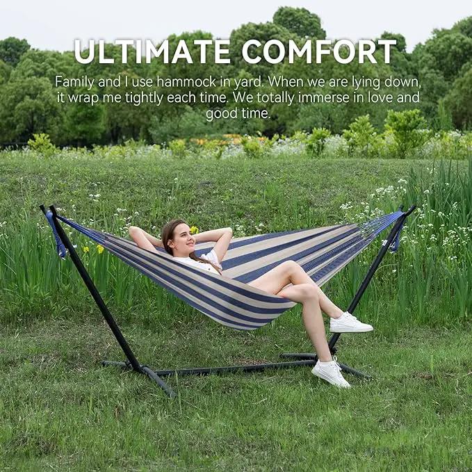 PNAEUT Double Hammocks with Stand for Outside, Portable Space Saving Heavy-Duty Steel Stand for Indoor Outdoor Patio with Carrying Bag, 450 lbs Capacity (Sky) by GreenHaven Gardens