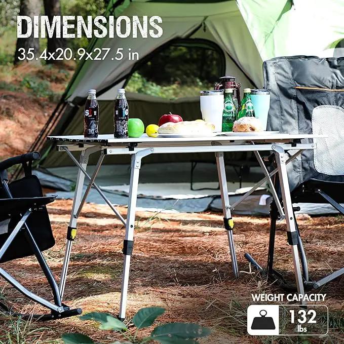 PORTAL Outdoor Folding Portable Picnic Camping Table with Adjustable Height Aluminum Roll Up Table Top Mesh Layer, Silver by GreenHaven Gardens