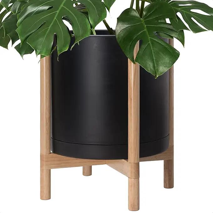 D'vine Dev Planter Pot with Stand - 16 Inch Plastic Cylinder Flower Pot with Wood Planter Holder for Indoor, Matte Black Pot + Natural Stand, 55-C-Y-2 by GreenHaven Gardens