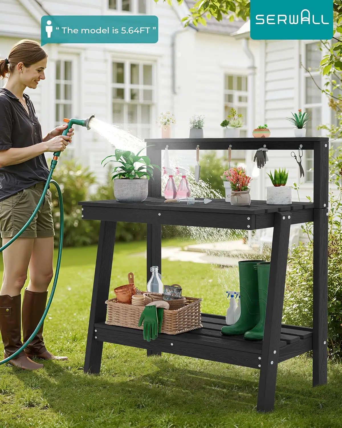 SERWALL Potting Bench Outdoor with Storage, 3-Tier HDPE Gardening Table with Angled Legs & Tool Hooks, All-Weather Heavy Duty Potting Table for Patio, Backyard, Garden, Black by GreenHaven Gardens