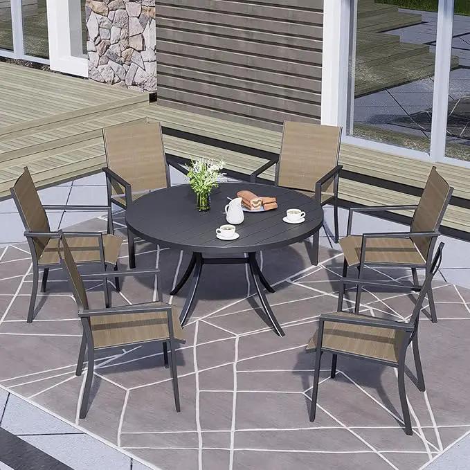 Round Outdoor Dining Table, 48-inch All-Weather Patio Table with Adjustable Umbrella Hole for Deck Lawn Garden Backyard Balcony Deck, Black Metal Frame Slatted Tabletop by GreenHaven Gardens