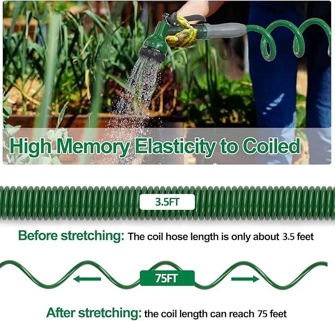 3/8" Lightweight Coil Garden Hose 75FT, EVA Flexible Curly Water Pipes with 6-Pattern Spray Nozzle for Boat, Greenhouse, Yard, Patio, Green by GreenHaven Gardens