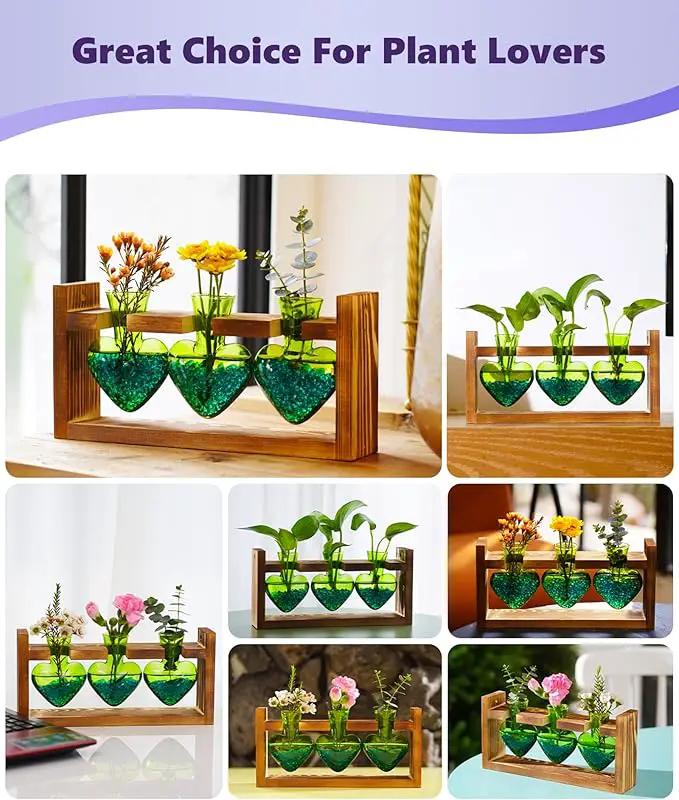 Nacome Plant Terrarium for Office Decor: Birthday Gifts for Plant Lovers Women Mom Wife - Wooden Stand Tabletop Planter 3 Bulb Glass Vase Heart Shaped for Hydroponics Indoor Home(Green) by GreenHaven Gardens