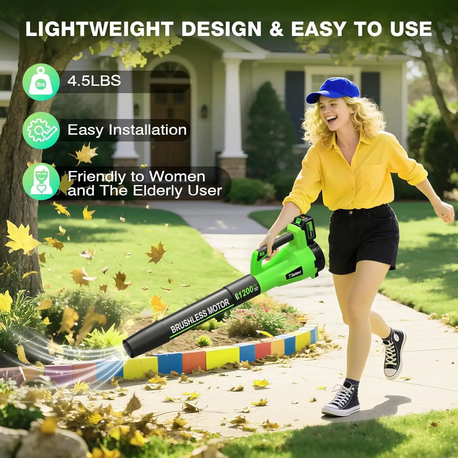 Tietoc Leaf Blower Cordless, 1200W Brushless Electric Leaf Blower with 2 X 5.0Ah Battery, 6 Speed Levels, 2 Extended Tube and Nozzles, Powerful Leaf Blowers for Garden, Patio, Lawn Care (Green) by GreenHaven Gardens