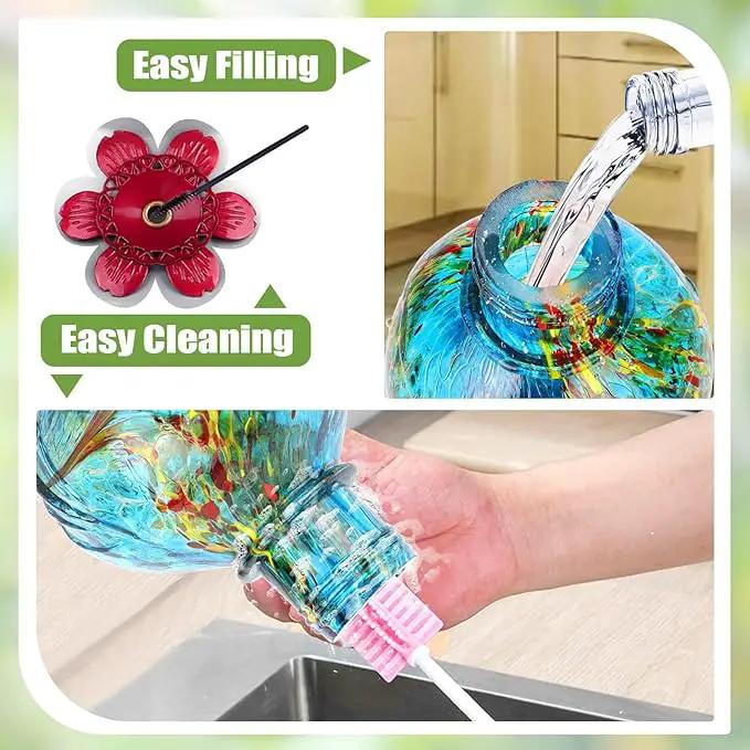 BOLITE Hummingbird Feeder, Hand Blown Glass Hummingbird Feeders for Outdoors Hanging, with Ant Moat and 5 Feeding Ports, 22 Ounces, Peony Flower Shape, Blue, Gifts for Women Men, Gifts for Mom Dad by GreenHaven Gardens