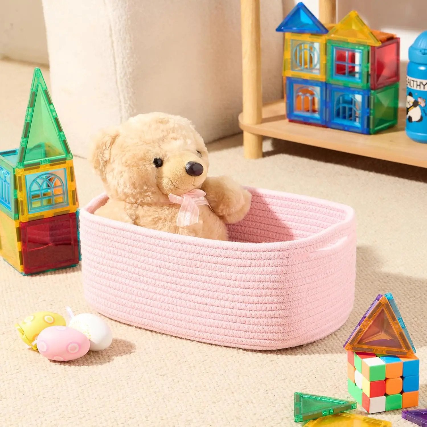 Small Storage Baskets for Organizing | Closet Organizer Bins | Shelf Toy Basket | Woven Rope Baskets | Cube Decorative Box | Shallow Basket | 13x8.5x5.1” | 3 Packs Light Pink by GreenHaven Gardens