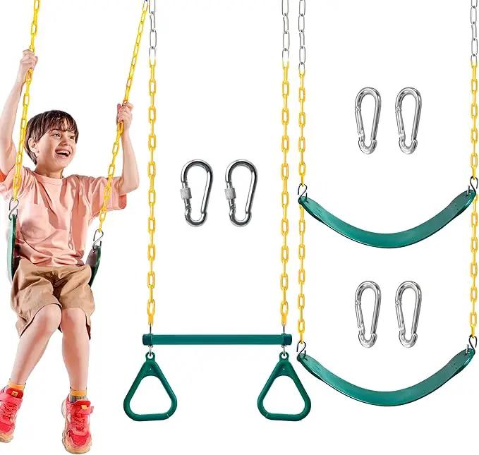 TURFEE 3 Pack Assorted Swing Set, Including 1 Gym Rings Trapeze Bar and 2 Pcs Swings with Plastic Coated Chain, Swingset Accessories Replacement for Kids Outdoor Play, Playground- Green by GreenHaven Gardens