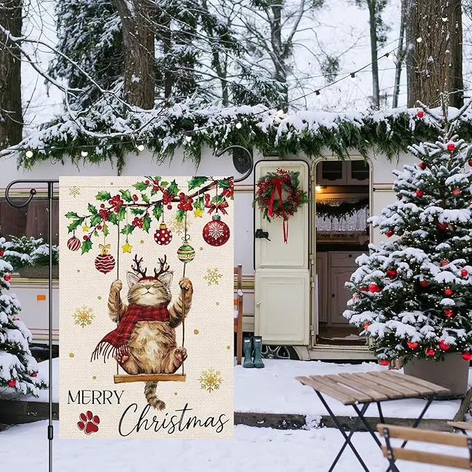 Heyfibro Merry Christmas Cute Cat Swing Garden Flag 12x18 Inch Double Sided Burlap, Retro Christmas Ball Snowflake Yard Banner for Winter Holiday Xmas Seasonal Outdoor Decoration(ONLY FLAG) by GreenHaven Gardens
