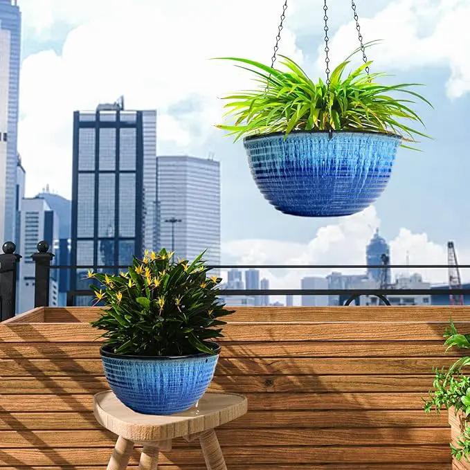 2 Pack Hanging Planters for Indoor Outdoor Plants, 10 Inch Hanging Planter with Drainage Hole & Plug Glazed Hanging Baskets Flower Pots for Garden Home (Blue Flow Glaze) by GreenHaven Gardens