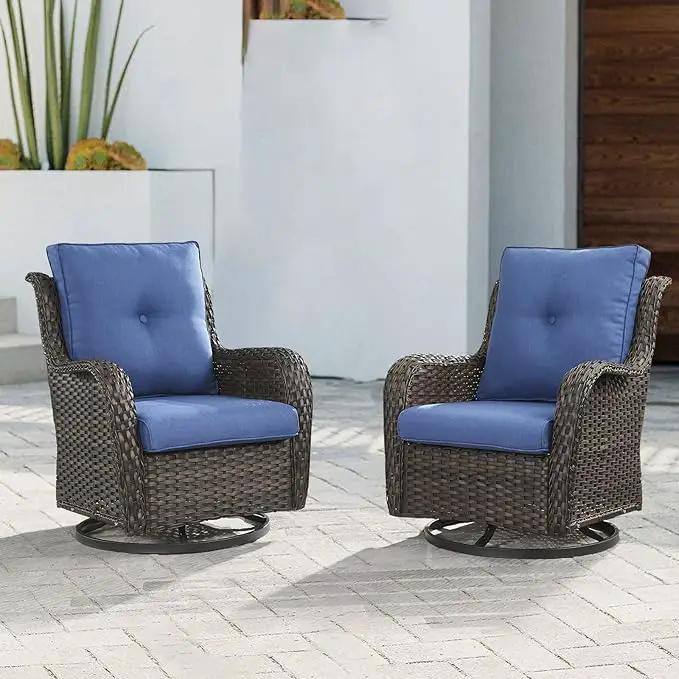 Outdoor Patio Swivel Rocker Chairs - Wicker Rattan Patio Swivel Rocking Chairs Set of 2 with High Back,Deep Seating and Comfort Cushions for Deck Porch Garden,Brown/Blue by GreenHaven Gardens
