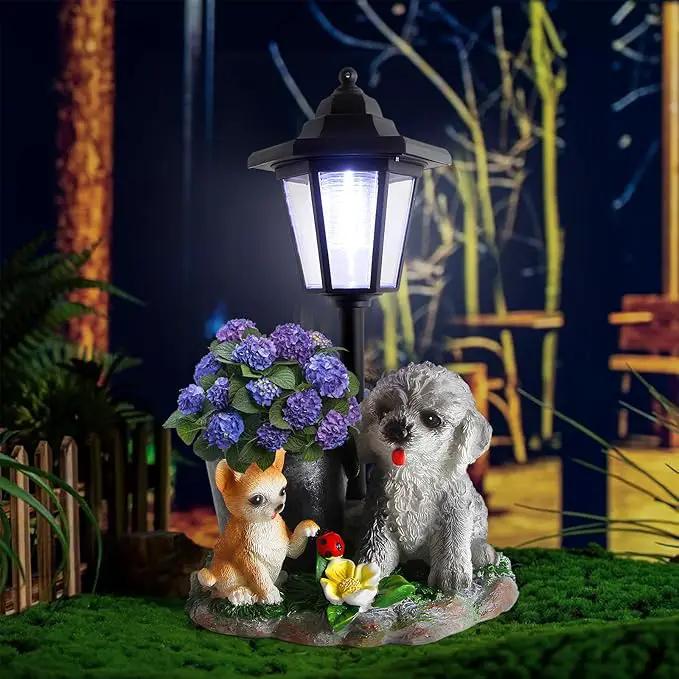 Garden Dog Statue,Resin Teddy & Cat Figurine with Solar LED Light,Flower Pots Planters Pots for Succulent,Outdoor Sculpture for Patio Balcony Yard Lawn Decor,Unique Gift for Dad Mom Grandma by GreenHaven Gardens