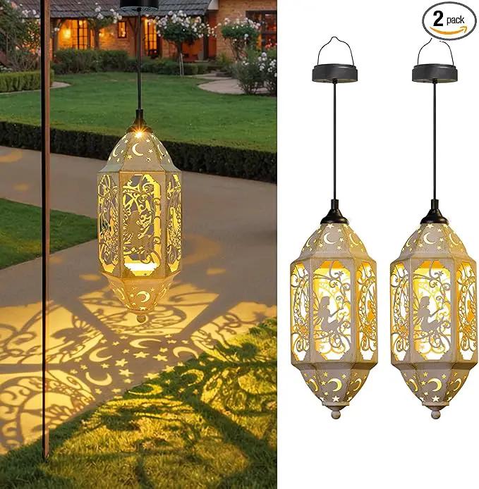 Outdoor Solar Lanterns Waterproof Fairy Moon Garden Gifts for Women Mom12.4‘’ Metal Garden Lanterns Hanging Light for Patio Backyard Decorations, Mothers Day Birthday Gifts (Gold White,2Pack) by GreenHaven Gardens