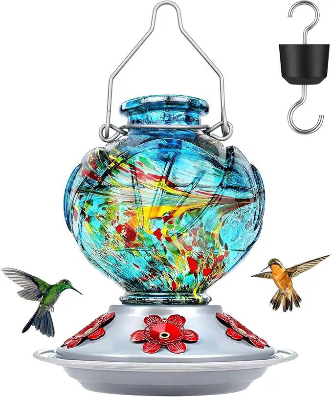BOLITE Hummingbird Feeder, Hand Blown Glass Hummingbird Feeders for Outdoors Hanging, with Ant Moat and 5 Feeding Ports, 22 Ounces, Peony Flower Shape, Blue, Gifts for Women Men, Gifts for Mom Dad by GreenHaven Gardens