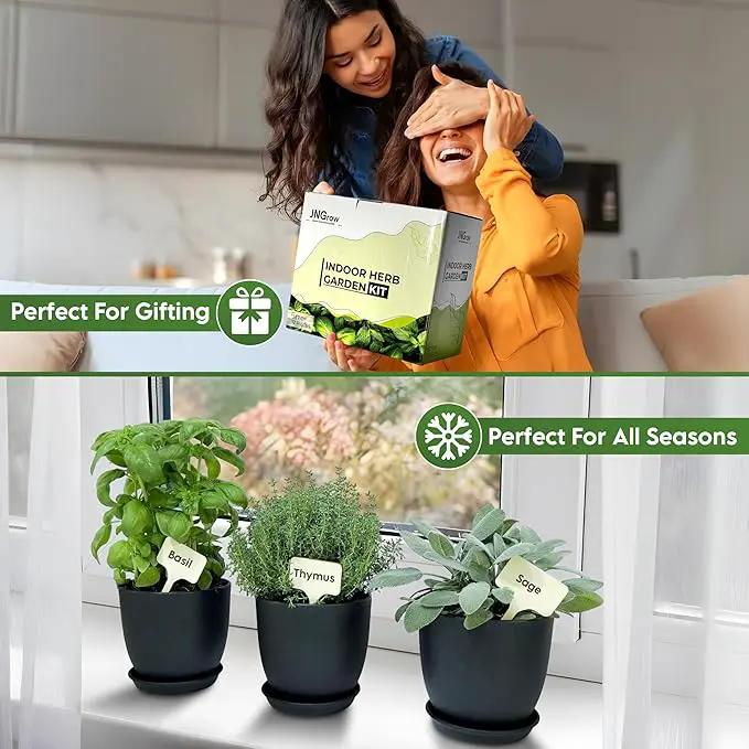 Indoor Garden Kit - Plant Pots with Drainage, Watering Can & Tools - Ideal Windowsill Planter Set - Modern Home & Kitchen Decor Gift - Black by GreenHaven Gardens