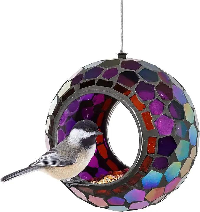 Sunnydaze 6-Inch Glass Mosaic Hanging Bird Feeder for Outdoors - Fly-Through Wild Bird Feeder - Iridescent Purple Mosaic by GreenHaven Gardens