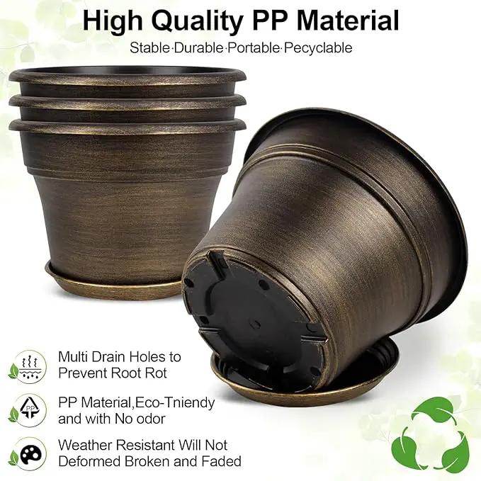 Plant Planters Pots Set of 4 Pack 10 Inch, Plastic Flower Pot for Indoor Plants with Drainage Holes & Trays, Resin Decorative Container Sets with Saucer for House Outdoor Garden Planters Dark Gold by GreenHaven Gardens