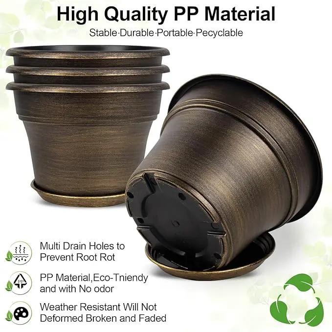 Plant Planters Pots Set of 4 Pack 9 Inch, Plastic Flower Pot for Indoor Plants with Drainage Holes & Trays, Resin Decorative Container Sets with Saucer for House Outdoor Garden Planters Dark Gold by GreenHaven Gardens