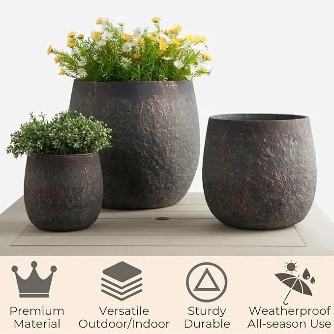 Large Outdoor Planter, 17.32"+12.99"+9.06" Dia Round Weathered Concrete Planter Set of 3, Flower Pots with Drainage Holes, Sealing Plug for Garden, Patio, Home, Office, Greenish Bronze Rust by GreenHaven Gardens