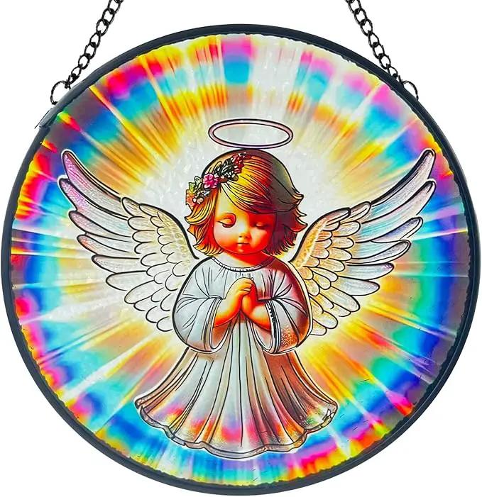 Praying Angel Decor Handmade Stained Glass Suncatcher - Rainbow Maker Stained Glass Suncatchers W/Metal Chain - Spiritual Angelic Gift for Women Christmas Thanksgiving Housewarming Gifts by GreenHaven Gardens