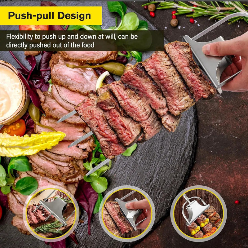 2PCS Kabob Skewers for Grilling, 14'' Stainless Steel Kebab Skewers, 3 Prong Metal Grill Skewer with Push Bar Slider, Skewer Sticks for Meat Veggies Marshmallows Fruits, BBQ Barbecue Accessories by GreenHaven Gardens