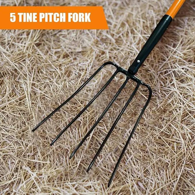 Pitch Fork for Gardening, 5 Tine Pitchfork Heavy Duty with Fiberglass Handle, 58 Inches by GreenHaven Gardens