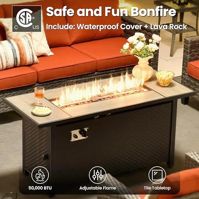 ovios 7 Pieces Patio Furniture Set with 54" Fire Pit Table, Outdoor Wicker Sofa with Comfy Cushions, All Weather High Back Rattan Couch Conversation Set, Orange Red by GreenHaven Gardens