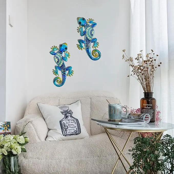 HONGLAND Metal Gecko Wall Art 2Pcs Outdoor Wall Decor Lizard Metal Hanging Wall Decoration Glass Sculpture for Garden Yard Patio Fence Home (Blue) by GreenHaven Gardens