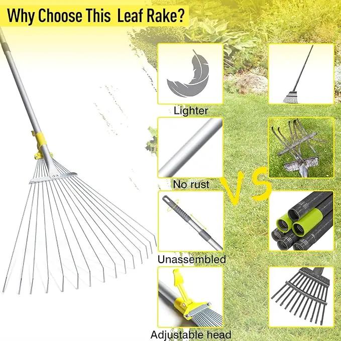 JARDINEER Adjustable Rakes for Leaves, Larger Garden Leaf Rake for Lawns Grass with 7-23" Expandable Head, Yard Collapsible Rake for Camping (64 inches) by GreenHaven Gardens