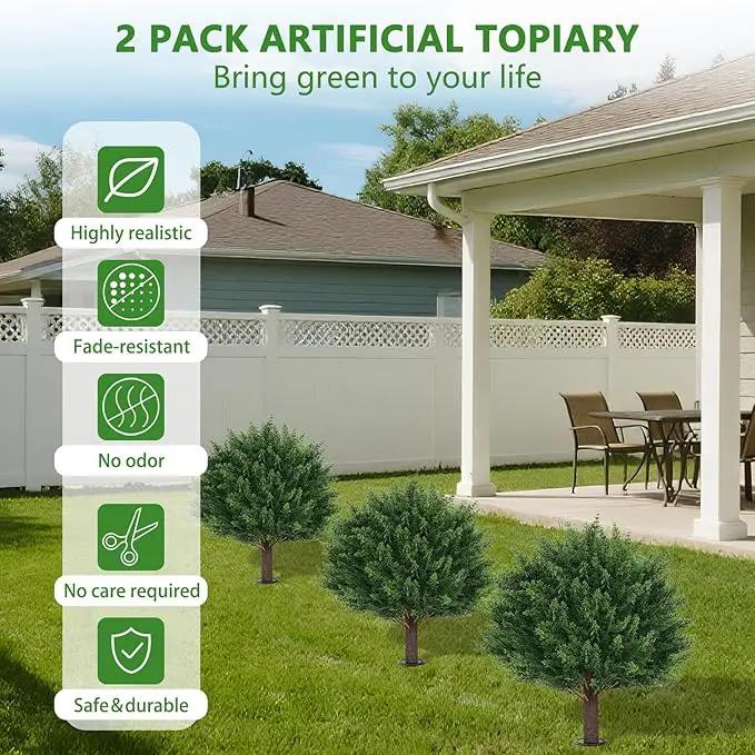 Artificial Set of 2 Cedar Topiary Ball Trees 16" for Outdoors with Ground Spike, UV Resistant Faux Cypress Plants, Evergreen Shrubs Bushes for Front Porch Garden Backyard Decor by GreenHaven Gardens