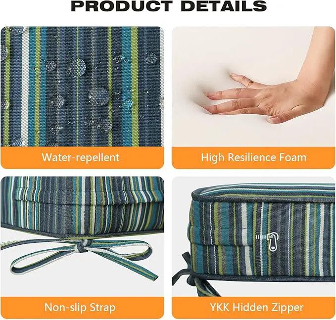 Sunbrella Square Corner Seat Cushions, 19" x 19" x 3", Set of 4, Indoor Outdoor Water Repellent Universal Chair Pads with Ties for Patio Furniture, Garden Deck Dining Chairs, Beach Stripe Lagoon by GreenHaven Gardens