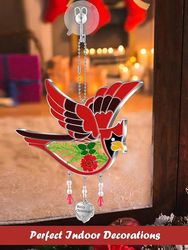 KY&BOSAM Cardinal Suncatcher Merry Christmas Hanging Ornament for Windows Sun Catchers with Pressed Real Flower in Glass and Heart Charm Birthday Gifts for Women Mom Grandma Nana Christmas Day Gifts by GreenHaven Gardens