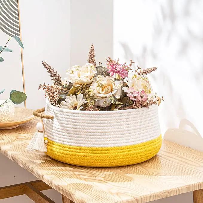 KAKAMAY Woven Baskets for Storage(16"x8"),Blanket Basket for Organizing Living Room,Cotton Rope Basket Woven Baby Laundry Hamper,Collapsible Laundry Room Organization,Clothes,Toy Chest(Yellow) by GreenHaven Gardens