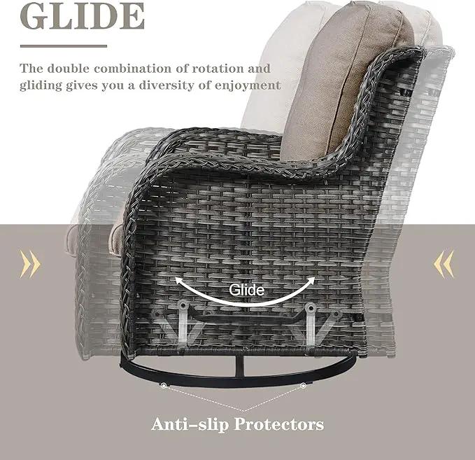 5 Pieces Patio Furniture Sets Wicker Outdoor Furniture, Rattan Patio Swivel Glider Chairs with 2 Ottoman and Glass Side Table