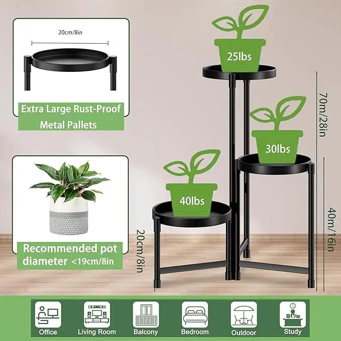 Plant Stand indoor outdoor - 3 Tier black Tall Metal Flower Pot Holder Potted Display Rack - Heavy Duty Corner Plant Shelf for Patio Garden Balcony Living Room Bedroom by GreenHaven Gardens