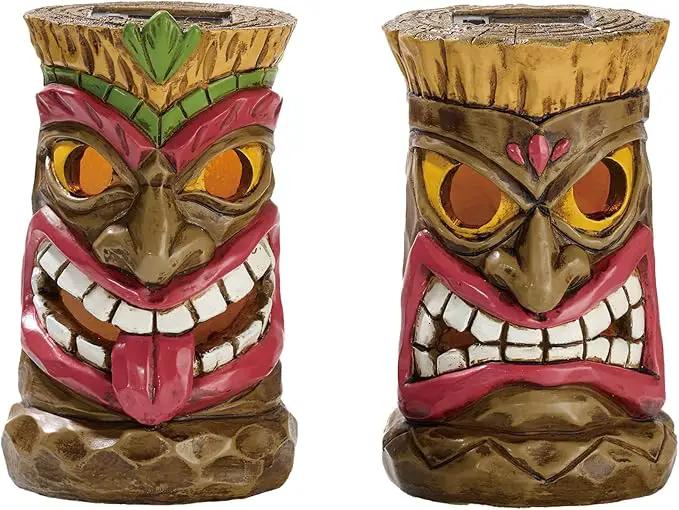 TERESA'S COLLECTIONS Tiki Head Garden Decor with Solar Outdoor Light, Set of 2 Tropical Hawaiian Tiki Torch Resin Christmas Decorations Garden Sculptures & Statues Yard Decor Thanksgiving Gifts 6" by GreenHaven Gardens