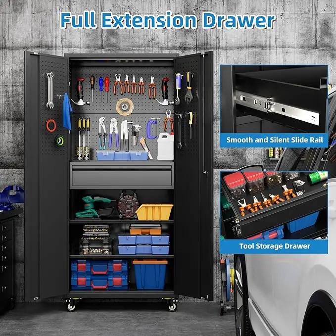 Metal Garage Cabinet with Wheels,71''H Rolling Lockable Steel Tool Cabinet with Pegboard & 1 Drawer for Garage,Home,Office Assembly Required,Black/Red by GreenHaven Gardens