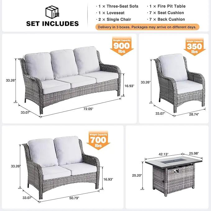 ovios 5 Pieces Patio Furniture Set with 42" Fire Pit Table, Outdoor Wicker Sofa with Loveseat, Comfy Cushions, High Back Couch Conversation Set, Grey Rattan, Grey by GreenHaven Gardens