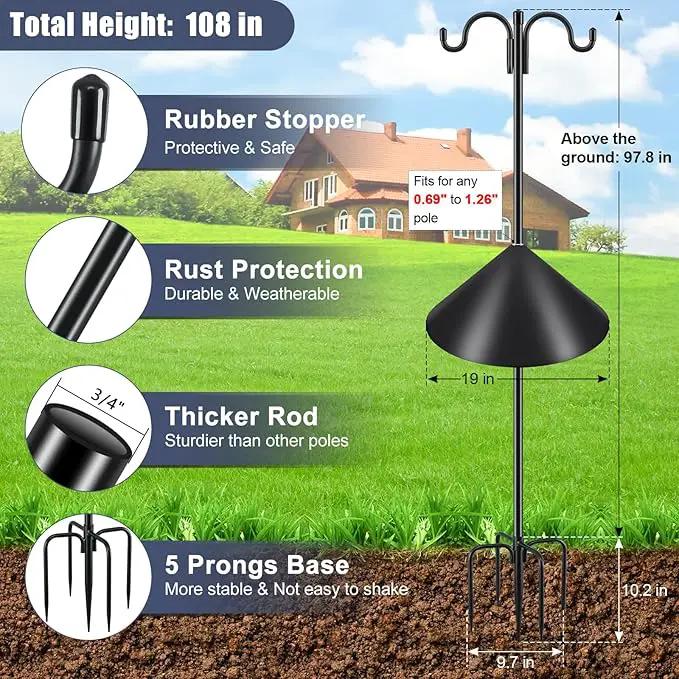 Gtongoko Bird Feeder Pole Squirrel Proof, 108 Inch Double Shepherds Hook for Outdoor with Squirrel Baffles Adjustable Heavy Duty with 5 Prongs Base for Hanging Plants, Bird Feeders, Black by GreenHaven Gardens
