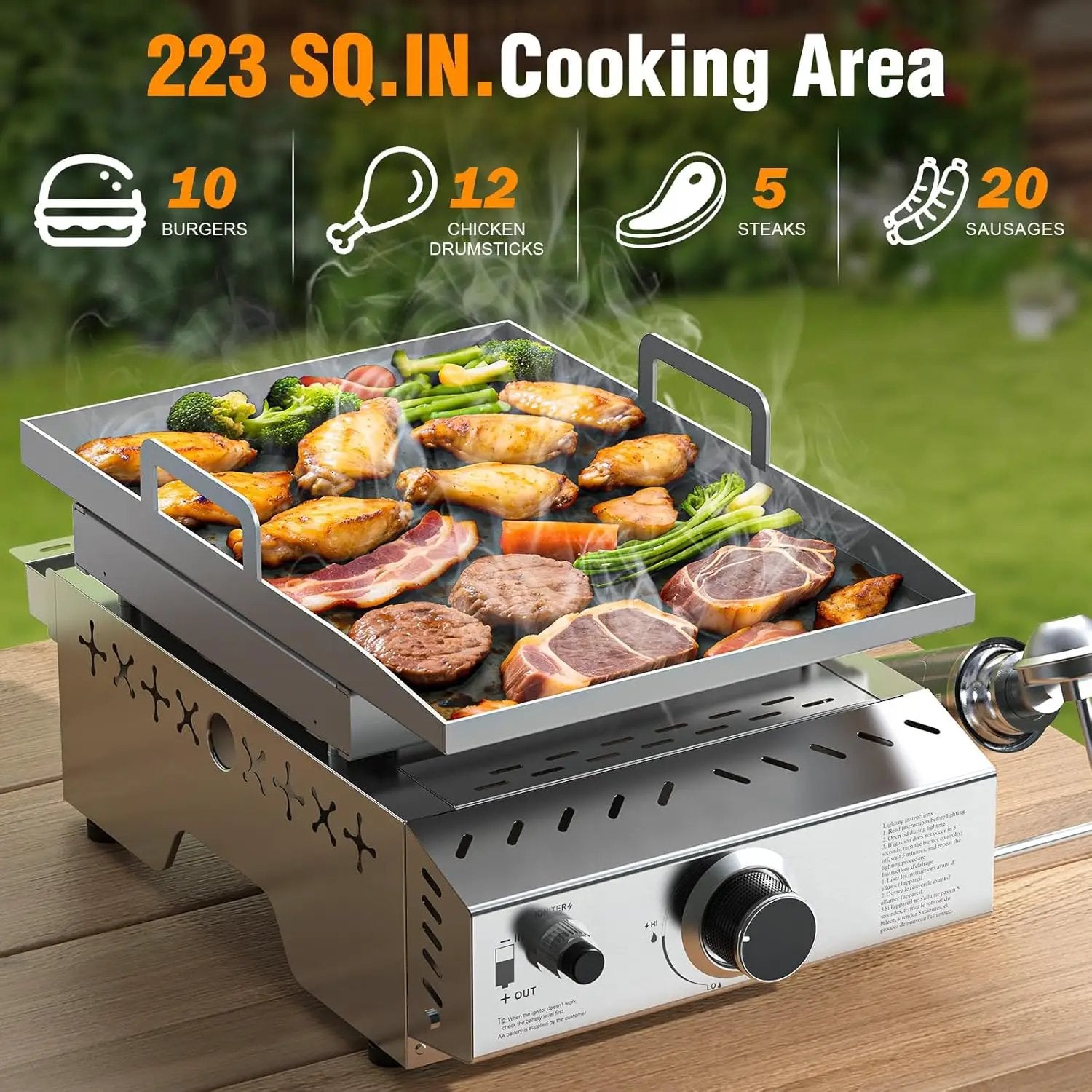 Stainless Steel Tabletop Grill,18 Inch Portable Propane Grill Griddle with Handle,8000 BTU Flat Top Grill for Camping, Outdoor & Tailgating Barbecue by GreenHaven Gardens
