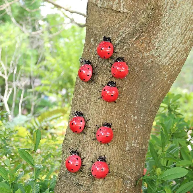 Metal Garden Decor for Outside Cute Ladybugs Yard Art Lawn Ornaments Wall Sculptures & Statues Outdoor Fence Decorations for Patio - Set of 8 by GreenHaven Gardens