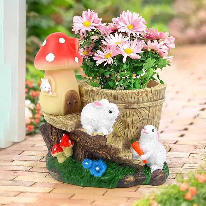 Garden Rabbit Statue,Resin Rabbit Figurine with Solar LED Light,Flower Pots Planters Pots for Succulent,Bunny Statue for Patio Balcony Yard Lawn Decor,Unique Gift for Dad Mom Grandma by GreenHaven Gardens