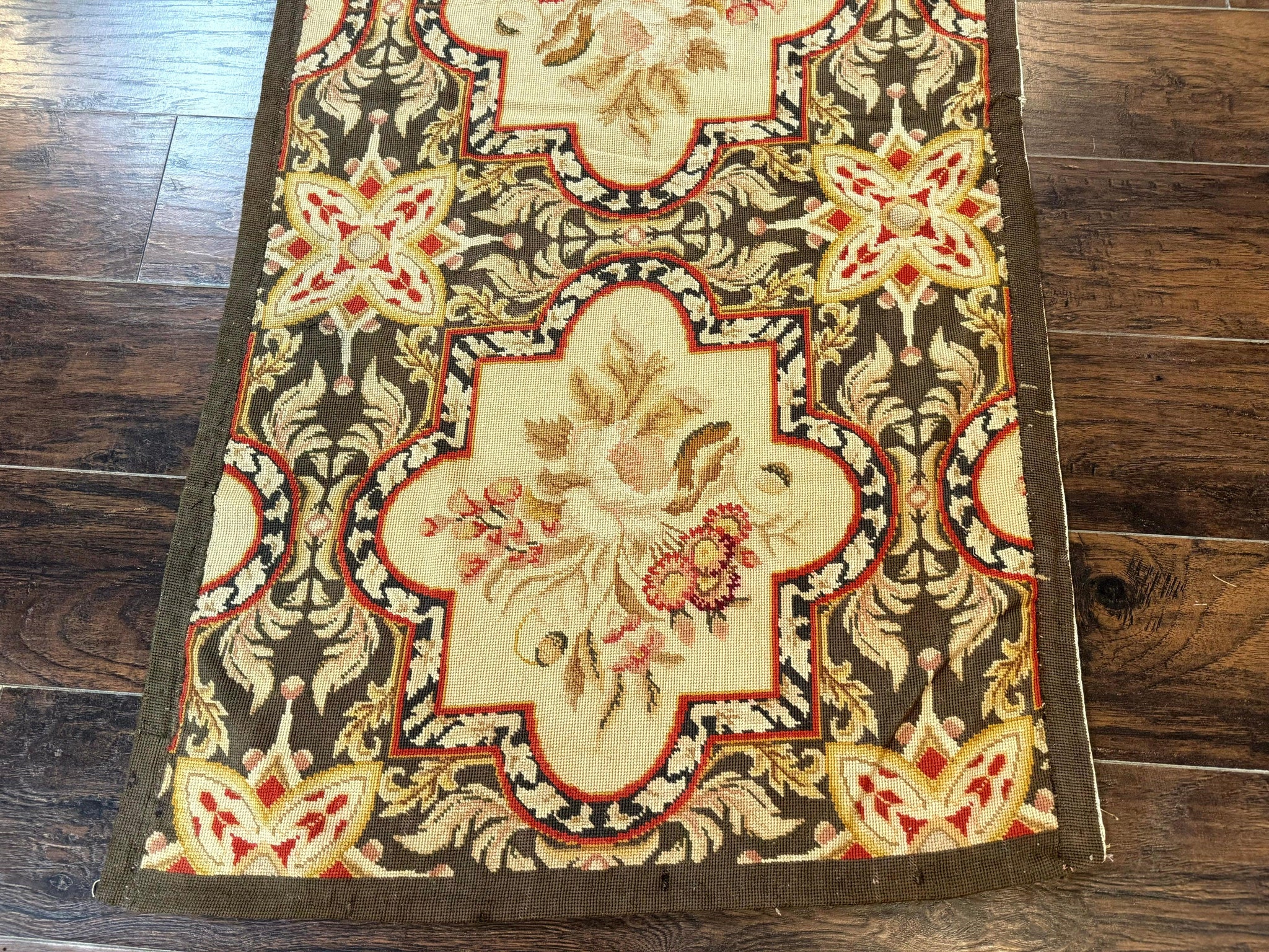 Needlepoint Runner Rug 2.7 x 9.7, European French Design, Wool, Handmade, Vintage by Jewel Rugs