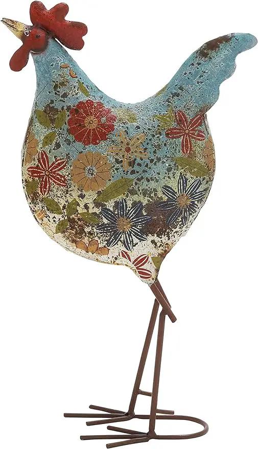 Deco 79 Metal Rooster Decorative Garden Sculpture Indoor Outdoor Distressed Standing Garden Statue with U Shaped Feet, Outdoor Sculpture 10" x 5" x 17", Green by GreenHaven Gardens