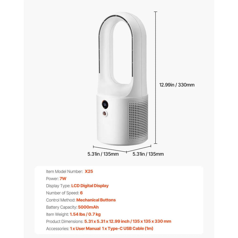 Portable Desk Bladeless Fan 12.99" 6-Speed with Battery for Bedroom & Office by HouseOfZazla