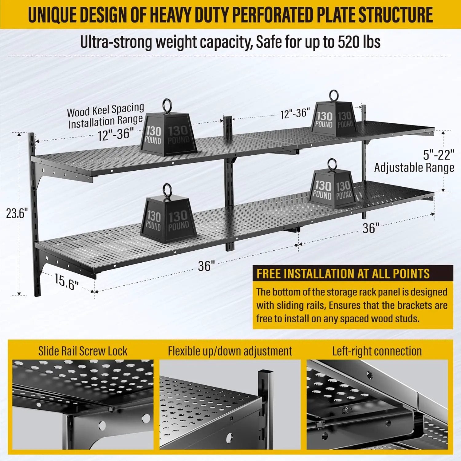 2-Pack×2 Tier 1.3x3ft Garage Shelving Wall Mounted, 800 lbs Load Capacity，15.6x36inch per Shelf Height Cassette Adjustable Floating Shelves（Total 4pcs）(Black) by GreenHaven Gardens