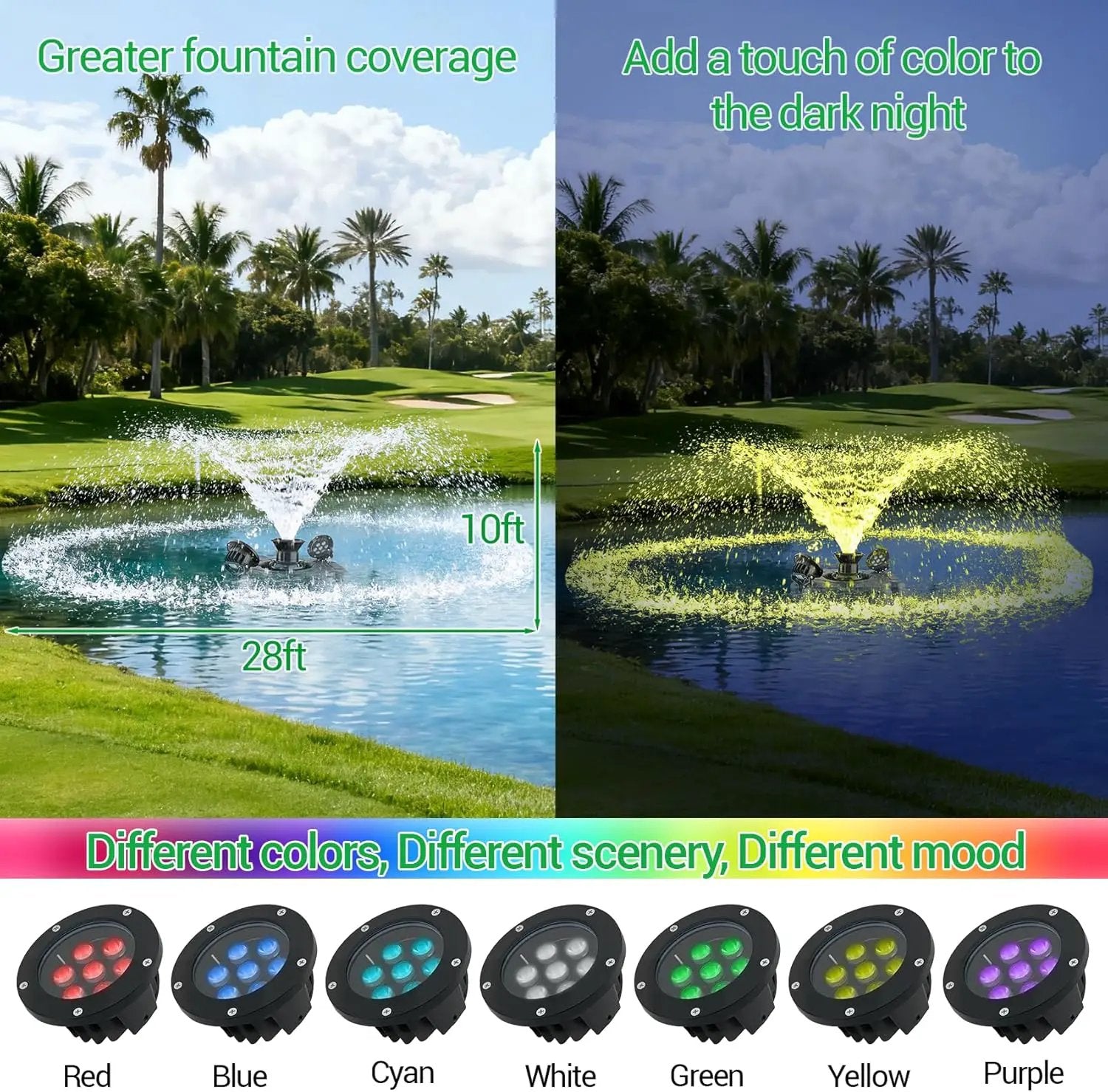 Pond Fountain Aerator with Lights RGB LED, 1HP 750W Floating Fountain System for Outdoor Lake Pond, 110V 15000 GPH Fully Automatic Stainless Steel Fountain Pump with 2 LED Lights 100 Feet Power Cord by GreenHaven Gardens
