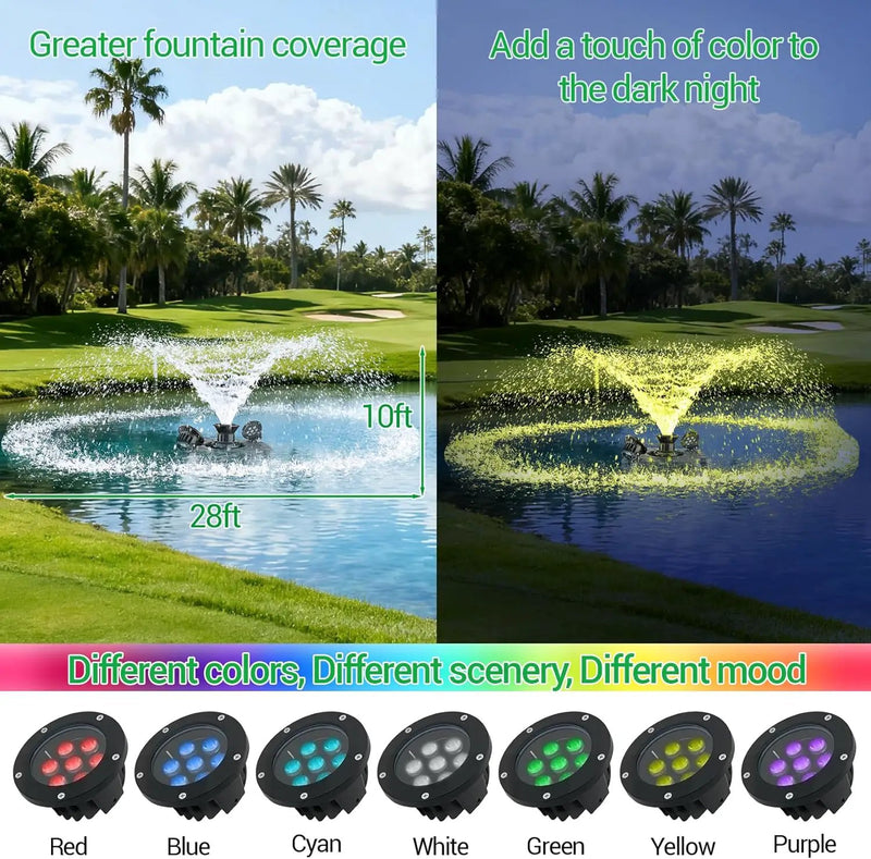 Pond Fountain Aerator with Lights RGB LED, 1HP 750W Floating Fountain System for Outdoor Lake Pond, 110V 15000 GPH Fully Automatic Stainless Steel Fountain Pump with 2 LED Lights 100 Feet Power Cord by GreenHaven Gardens