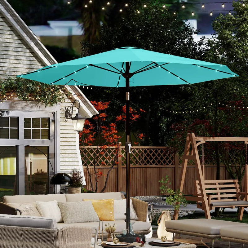 10FT Solar Umbrella 32 LED Lighted Patio Umbrella Table Market Umbrella w/Tilt and Crank, UV-Resistant Outdoor Umbrella for Pool, Garden, Deck, Aqua Blue by GreenHaven Gardens